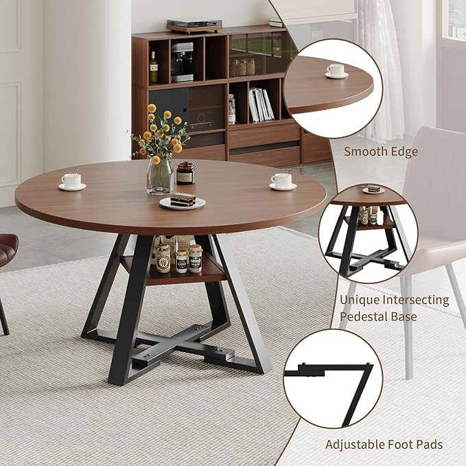 Walnut Round Dining Table Set for 4, Mid-Century Modern Kitchen Table and Chairs, Small Space Dining Room Furniture for Apartment, Breakfast Nook or Studio (Boxwood-1 Storage Table)