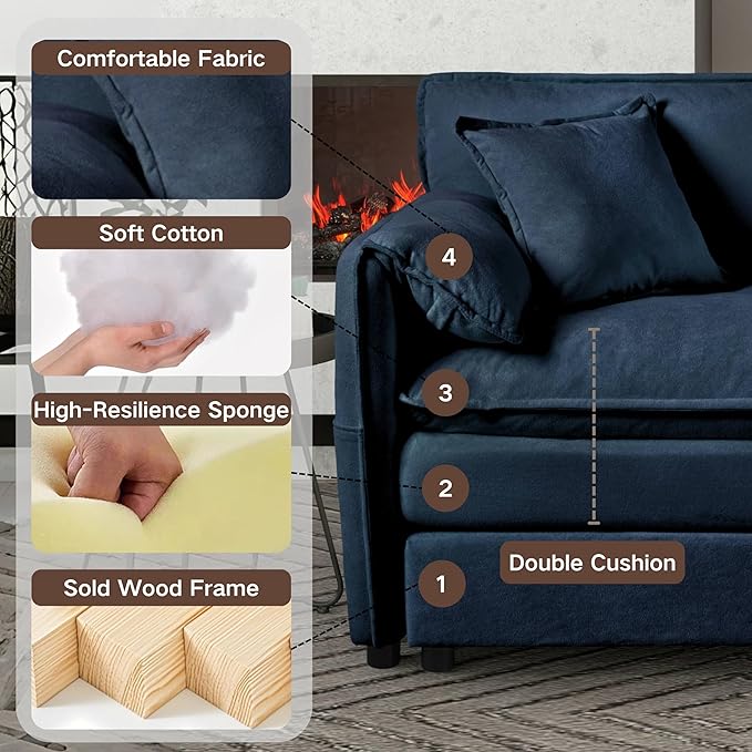 Loveseat Deep Seat Sectional Sofa Cloud Couch, Modern Chenille Comfy Upholstered Modular L Shaped Couch for Living Room, Apartment, Office (Blue, 75.59 Inch-L Shape)
