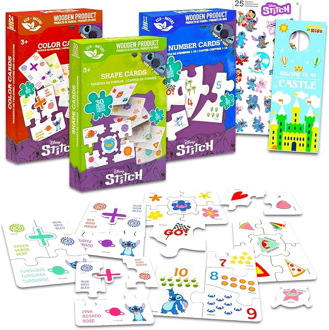 Lilo & Stitch Puzzle Pairs Set - Bundle of 3 Educational Learning Flash Cards: Colors, Numbers, Shapes Plus Stickers, More Toys for Kids Ages 5-6