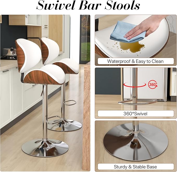 KCC Bar Stools Set of 4, Swivel Adjustable Height Barstools, PU Leather Upholstered Bar Chairs with Footrest, Bentwood Bar Stool for Kitchen, Bar, Dining Room(White PU)