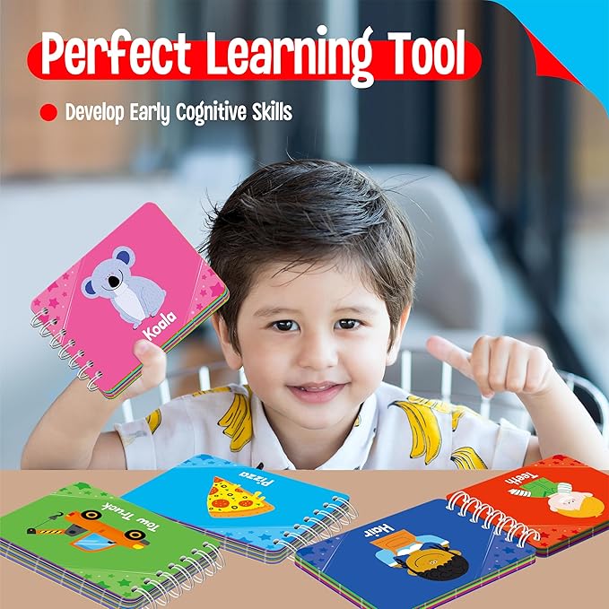 4 Early Learning Flipbooks, Double-Sided Mini Book Set - Animals, Foods, Vehicles, Daily Items, Early Educational Language Learning Tool for Kids