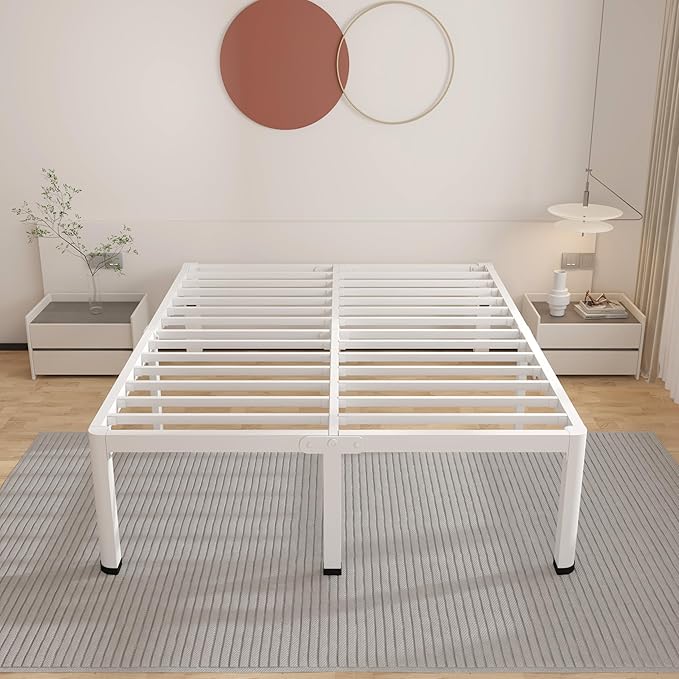 ROIL 18 Inch White California King Bed Frame with Rounded Corner and Headboard Hole Mattress Retainers 3500LBS Heavy Duty Steel Slats No Box Spring Needed Platform Noise-Free Easy Assembly