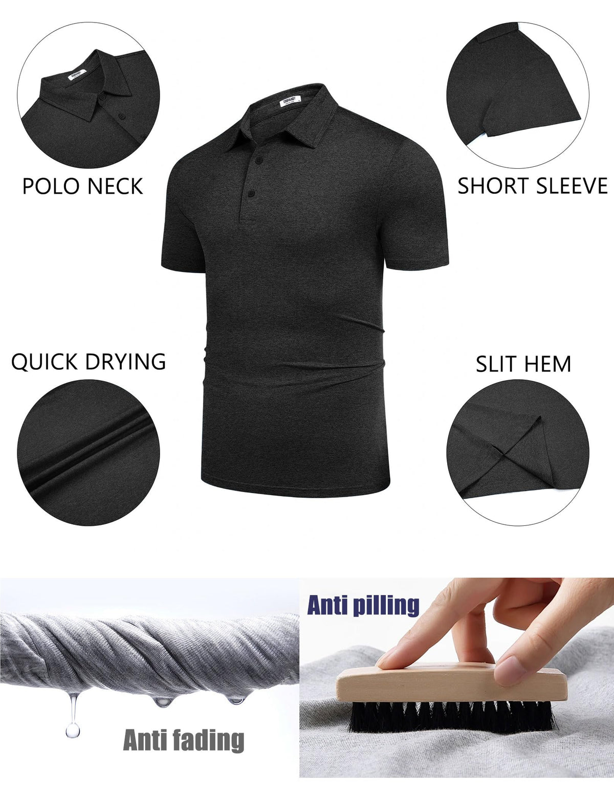 COOFANDY Men's Short Sleeve Black Golf Polo Shirts Quick-Dry Performance Tactical T-Shirt Collared Tennis Shirts Top
