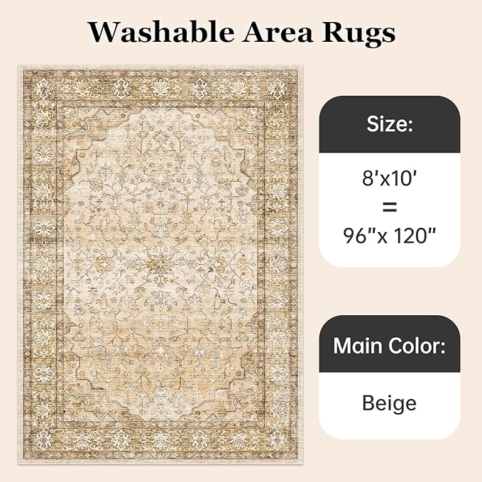 8x10 Area Rugs for Large Living Room Washable Low Pile Non Slip Stain Resistant Euro Floral Distressed Big Boho Carpet Rug Ultra-Thin for Bedroom Dining Room Farmhouse Family Room,Natural Beige