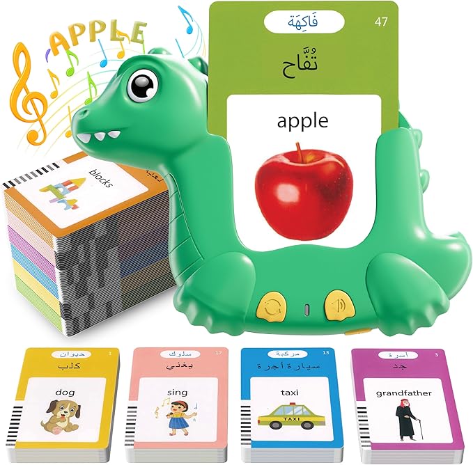 Arabic and English Talking Flash Cards for Kids, 510 Sight Words Bilingual Learning Toys for Toddlers, Arabic Alphabet Flashcards Pocket Speech Therapy Toys, Dinosaur Shaped