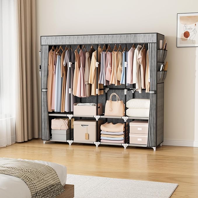 VTRIN Portable Closet for Hanging Clothes 67 Inch Wide Large Capacity Portable Wardrobe Closet with Cover, 4 Storage Shelves and 4 Hanging Rod Sturdy Free Standing Closet for Bedroom, Printing