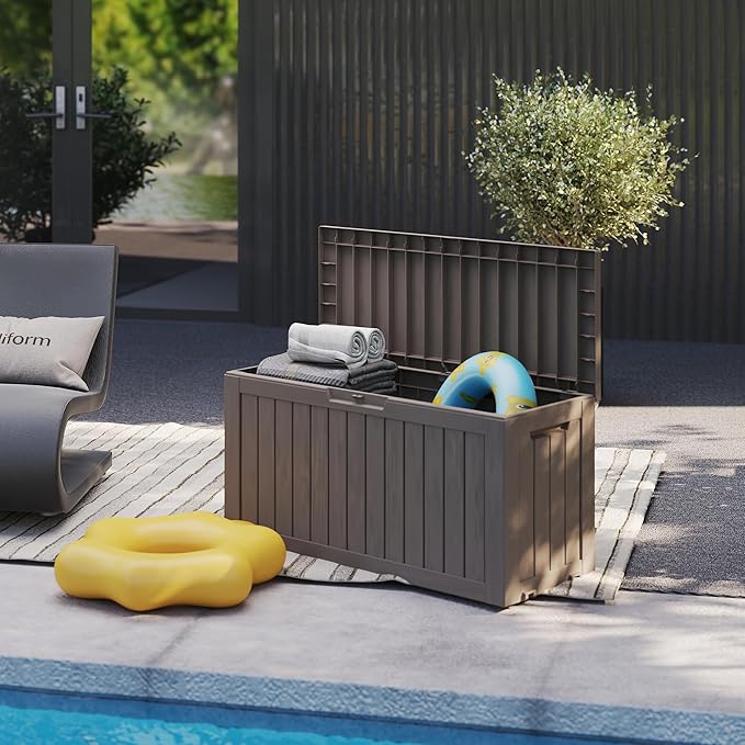 75 Gallon Double-Wall Resin Deck Box - Lockable Waterproof Outdoor Storage Box, 515lbs Capacity & Doubles as Seating for Patio Furniture - Garden Tools, Pool Accessories (Brown)