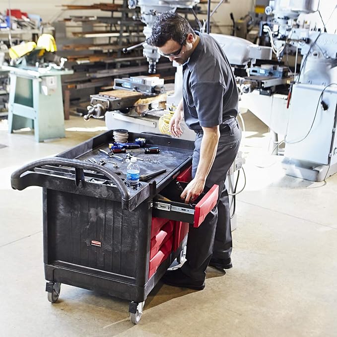 Rubbermaid Commercial Products TradeMaster Tool Storage Utility Cart, 4 Drawers + Cabinet, Small, 750 lb. Capacity, Black, for Warehouse/Garage/Cleaning/Maintenance