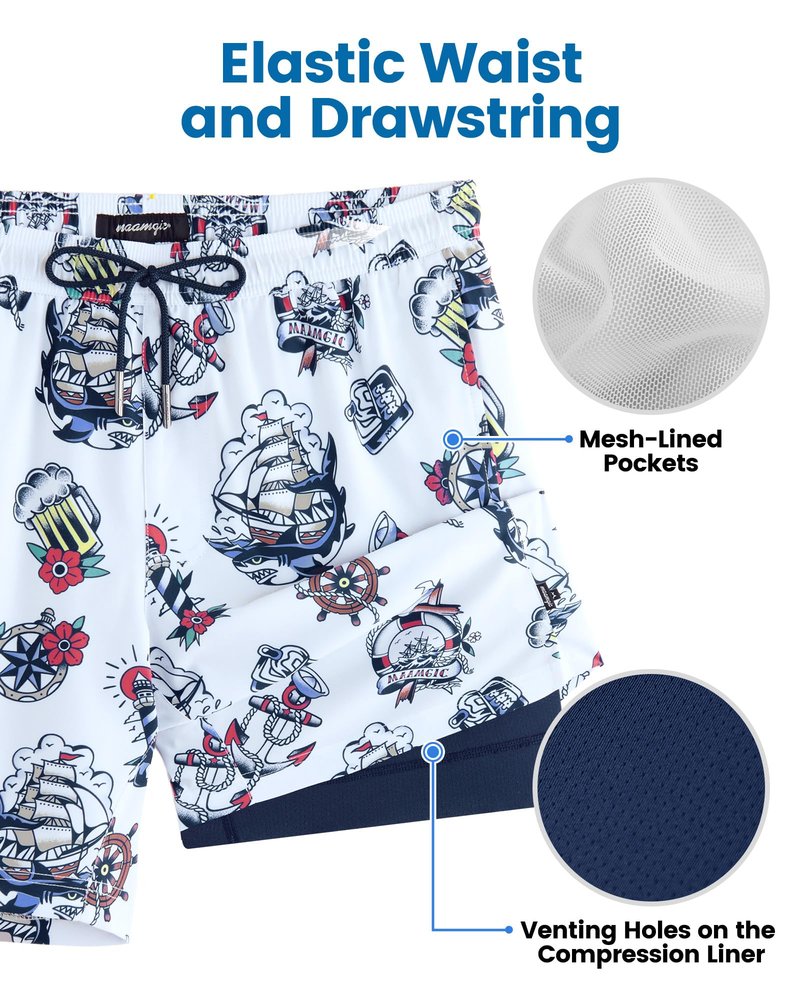 maamgic Mens Swim Trunks with Compression Liner 7 Inch Inseam Mens Bathing Suit Quick Dry Swimming Trunks Swimsuit Sailing Blue White Medium