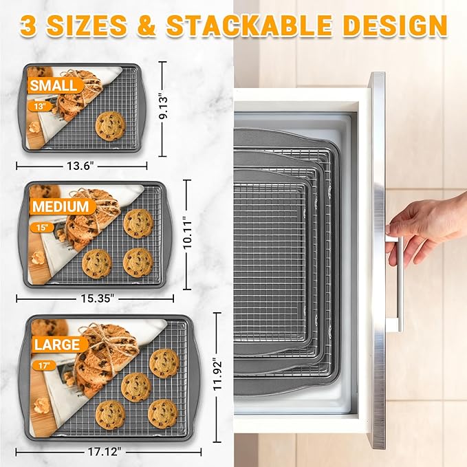Funnydin Baking Pan Set of 3 - Carbon Steel Baking Sheets with Cooling Racks, 13/15/17 Inch, Nonstick Cookie Sheets for Baking, Rust & Warp Resistant & Stackable, Nontoxic & Heavy Duty & Easy Clean