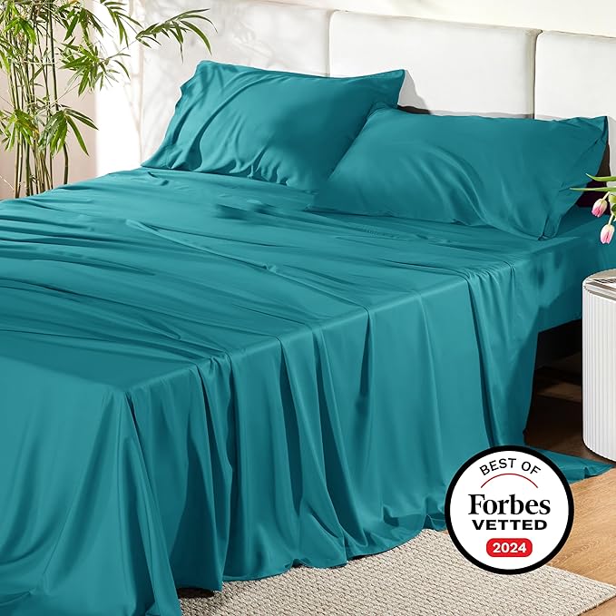 Bedsure Queen Sheet Set, Rayon Derived from Bamboo, Cooling Sheets, Breathable & Soft, Deep Pocket Up to 16 Inches, Hotel Luxury Silky Bedding for Hot Sleepers, Turquoise