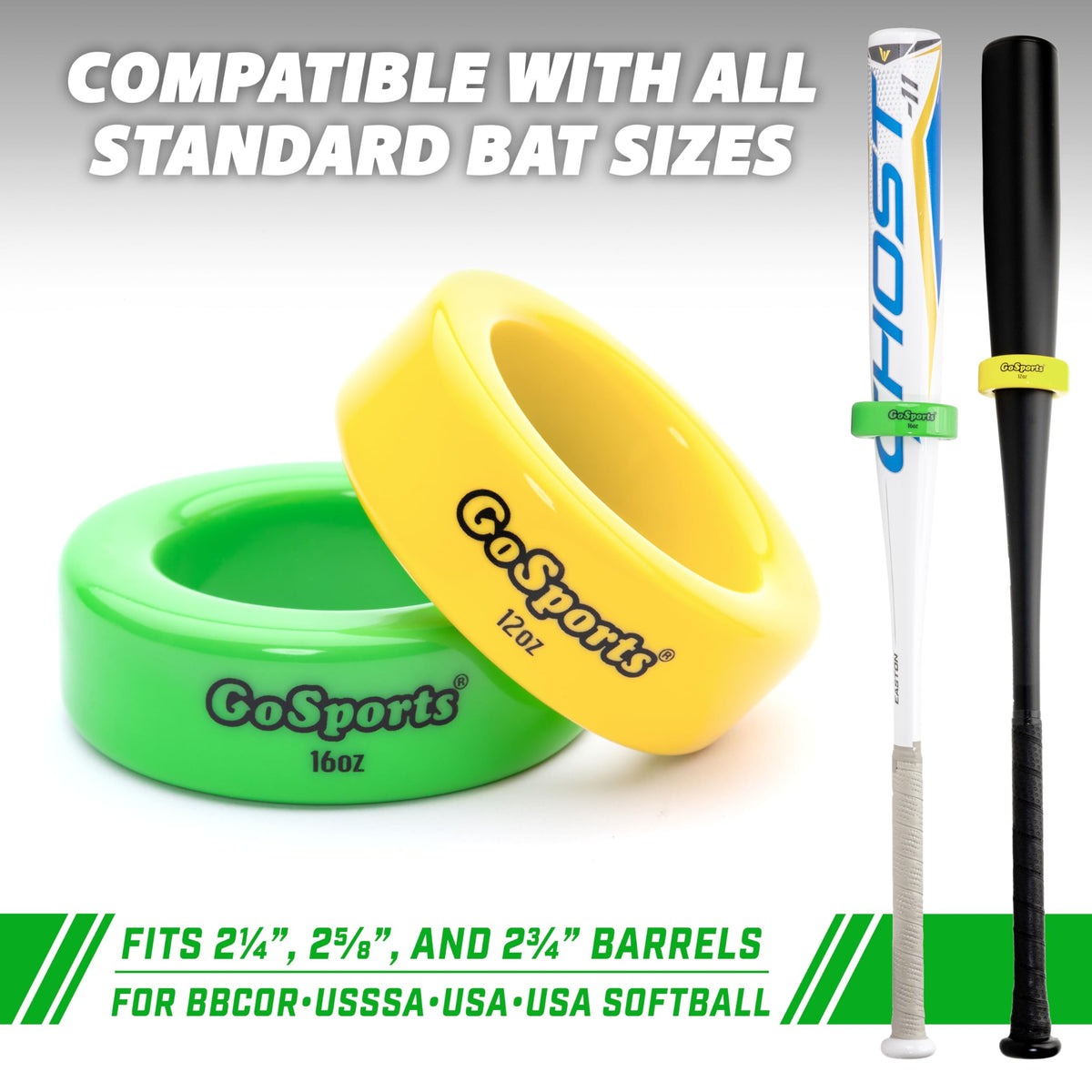 GoSports Baseball and Softball Bat Weights - 2 Pack Baseball Donuts - 16 oz & 12 oz