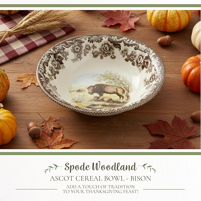 Spode Woodland American Wildlife Ascot Cereal Bowl - Bison Design, Fine Earthenware 8 Inch Bowl for Cereal, Salad, Ice Cream - Dishwasher, Microwave, Oven, Freezer Safe, Made in England