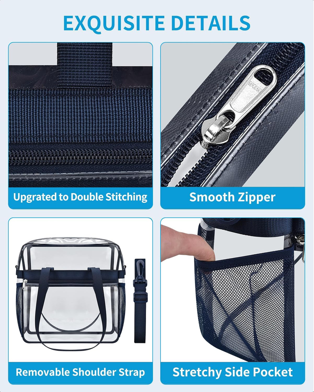Paxiland Clear Bag for Stadium Events 12x6x12, Large Clear Tote Lunch Bag Stadium Approved with Reinforced Shoulder Straps for Concert Outfits and Festival, Transparent Handbag for Men - Navy
