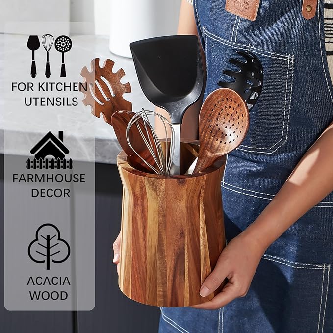 Wooden Utensil Holder for Countertop, 360° Rotating Kitchen Utensil Holder, 7.2"x 6" Large Acacia Wood Crock, Farmhouse Kitchen Decor