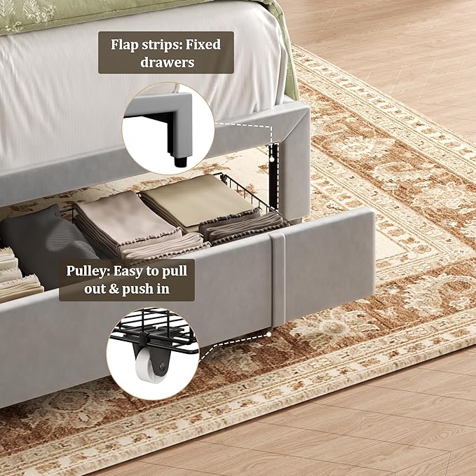 Queen Bed Frame with Storage Drawers, Upholstered Queen Size Platform Bed with 47" Tall Headboard and Wingboard, No Box Spring Needed, Noise Free, Easy Assembly, Wooden Support Slats, Light Grey