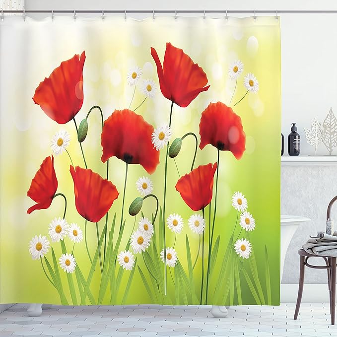 Ambesonne Poppy Flower Shower Curtain, Spring Environment with Poppies and Daisies on Grass Flourishing Nature, Cloth Fabric Bathroom Decor Set with Hooks, 69" W x 70" L, Red Green