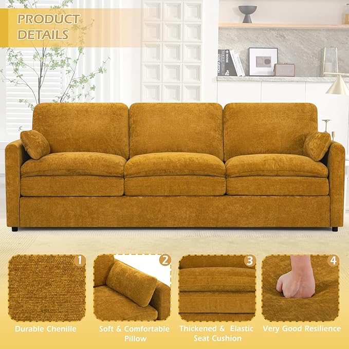 89” Chenille Sofa w/Arm Pillows, Upholstered 3-Seater Sofa w/Comfortable Back Cushions, Modern 3 Seats Couch w/High-Density Foam for Living Room, Apartment, Office, Yellow