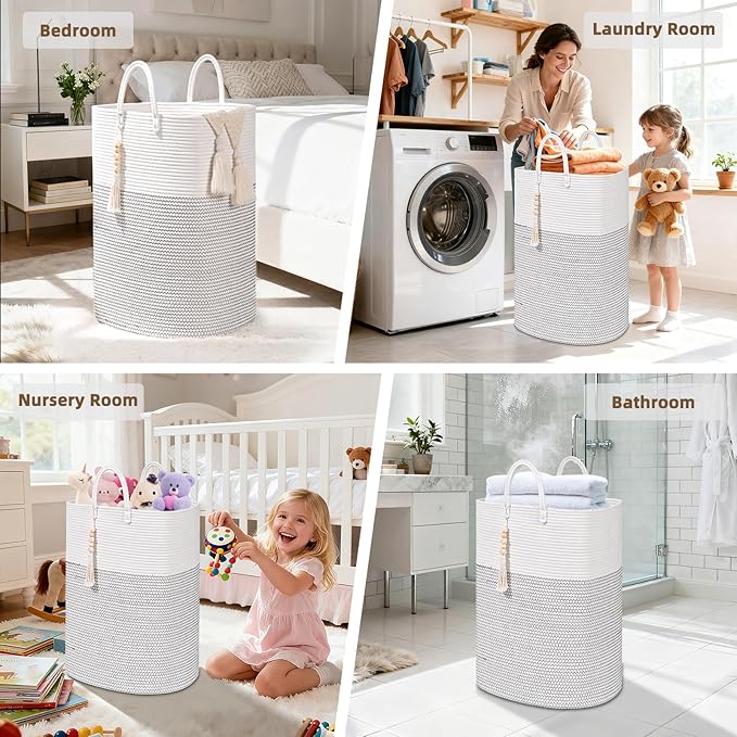 Woven Laundry Basket for Clothes, 65L Large Rectangle Laundry Hampers, Nursery Storage Basket for Toys, Tall Dirty Clothes Hamper for Bedroom Aesthetic, Bathroom, Laundry Room