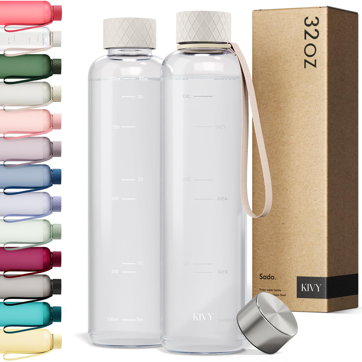 KIVY Slim Water Bottle 32oz [Lightweight & Shatterproof Tritan] Fits Backpack & Cupholder for Travel, Sports, School, Gym - Clear water bottle with measurements - Transparent Beige - Dishwasher Safe