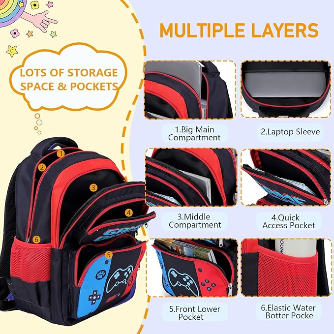 Kids Backpack Boys Gamer Backpack with Lunch Box Kindergarten Elementary Middle School Travel Sport Gaming Bookbag for Boys Girls Ages 4-14, Gamer Blue Red