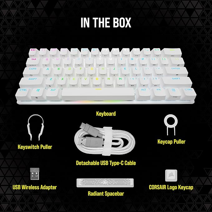 Corsair K70 PRO MINI Wireless RGB 60% Mechanical Gaming Keyboard - Fastest Sub-1ms Wireless, Swappable Cherry MX Speed Keyswitches, Aluminum Frame, PBT Double-Shot Keycaps - NA Layout, QWERTY - White