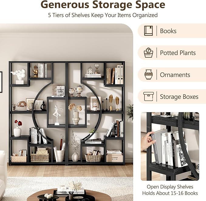 LGHM Bookshelf Set of 2 with Metal Frame, 5 Tier Geometric Bookcase, Adjustable Modern Book Shelf with 18 Open Storage Shelves, Display Shelf for Living Room, Office, Bedroom,Black