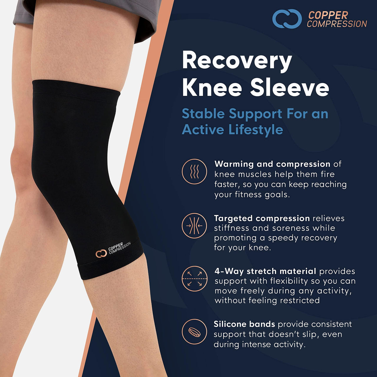Copper Compression Knee Sleeve - Copper Infused Knee Stabilizer Support Brace for Meniscus Tear, ACL, MCL, Arthritis, Joint Pain Relief, Running, Sports, Hiking - Men & Women - Fits Right/Left - L