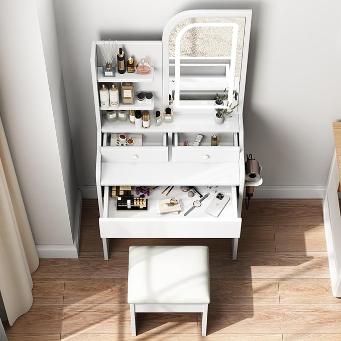 Vanity Desk with Mirror and Lights, Stylish White Desk with 3-Color Adjustable Lighting Dressing Table, Dressing Table Set for Bedroom Storage, Makeup & Hair Styling