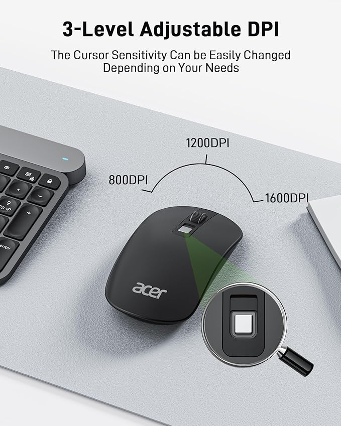 acer Computer Mouse Wireless, 2.4G Slim USB Wireless Mice with USB Receiver, Small Sized Hands, 800/1200/1600 Adjustable DPI Optical Laptop Mouse with 4 Buttons, Portable for Laptop, Desktop, PC