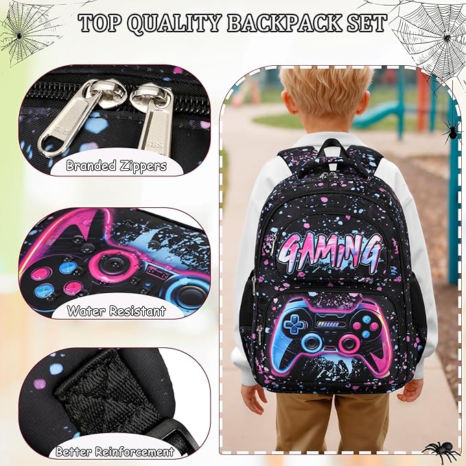 Kids Backpack Boys Gamer Backpack with Lunch Box Kindergarten Elementary Middle School Travel Sport Gaming Bookbag for Boys Girls Ages 4-14, Game-Galaxy