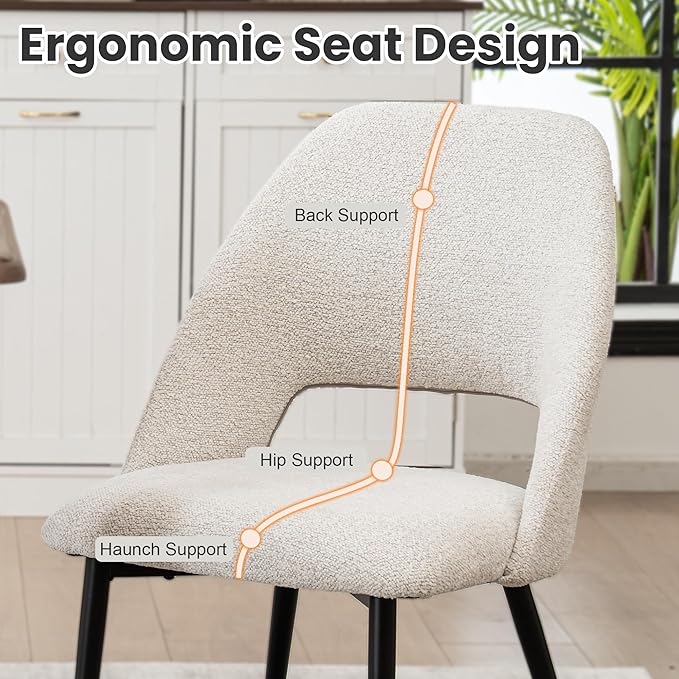 Rowill Boucle Dining Chairs Set of 6, Mordern Upholstered Fabric Dining Room Chairs, Kitchen Side Chairs with Metal Legs for Guest Reception Waiting Living Room, Beige
