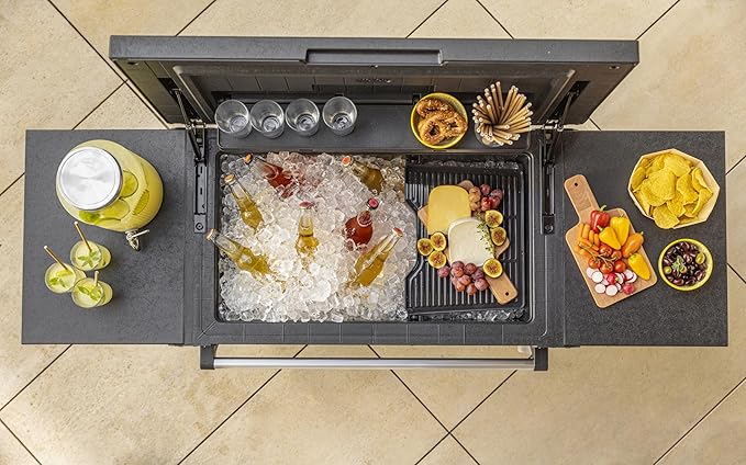 Keter Outdoor Rolling Patio Cooler and Insulated Beverage Cart 89.8 Quart Capacity with Fold Down Shelf for Glassware with Built in Bottle Opener