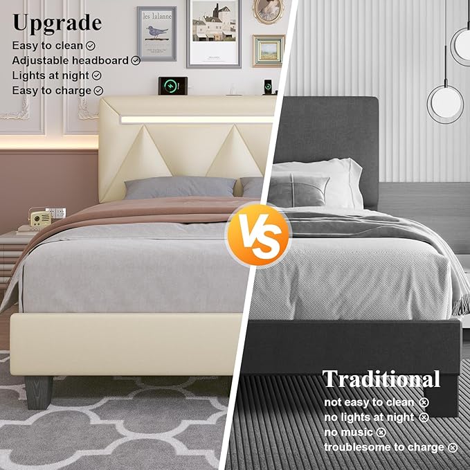 Full Size Bed Frame with LED Lights and Charging Station, Faux Leather Linen Fabric Adjustable Headboard,Modern Upholstered Bed, Sturdy Wood Slat Support, Easy Assemble, Beige