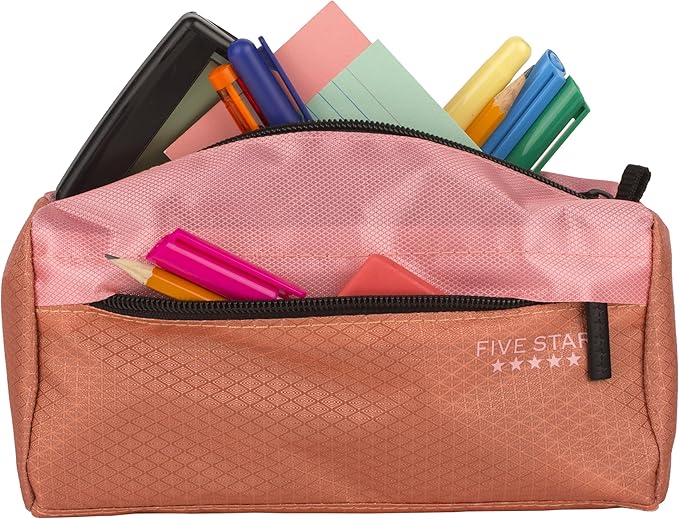 Five Star Pencil Pouch, Pen Case, 9-Pocket Zipper Pouch, Storage Organizer for School Supplies Earbuds Chargers Cables Makeup, Pink/Terracotta (500213F-ECM)