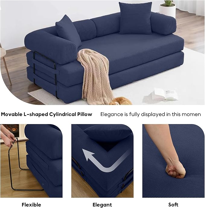 Convertible Sleeper Sofa Bed with Cylindrical Pillow, Corduroy Folding Boneless Couch with Fixed-Shape Frame, Floor Sofa Lounge Couch for Living Room Bedroom Lounge Studio-Blue