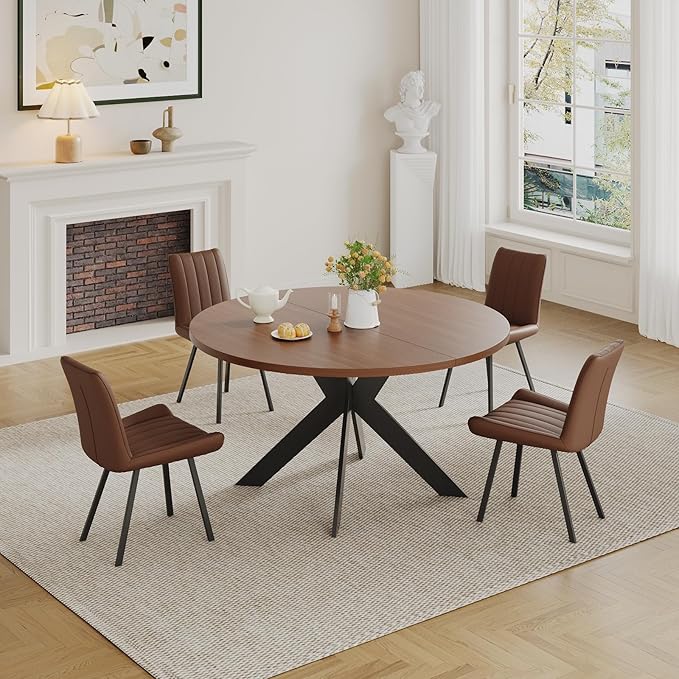 45.3" Walnut Round Dining Table Set with 2 Chairs – Mid-Century Modern Small-Space Kitchen & Dining Room Furniture for Apartment or Breakfast Nook (Boxwood – Table + 2 Brown Chairs)
