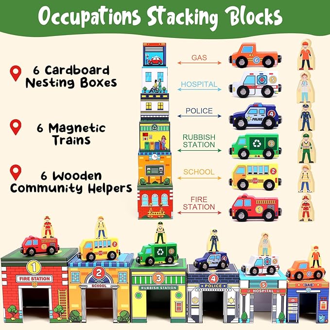 Atoylink Toddler Sorting and Stacking Toys with Magnetic Wooden Cars & Community Helpers, Baby Number Blocks Nesting Boxes Preschool Learning Montessori Toys for 1 2 3 Year Old Boys Girls Gift