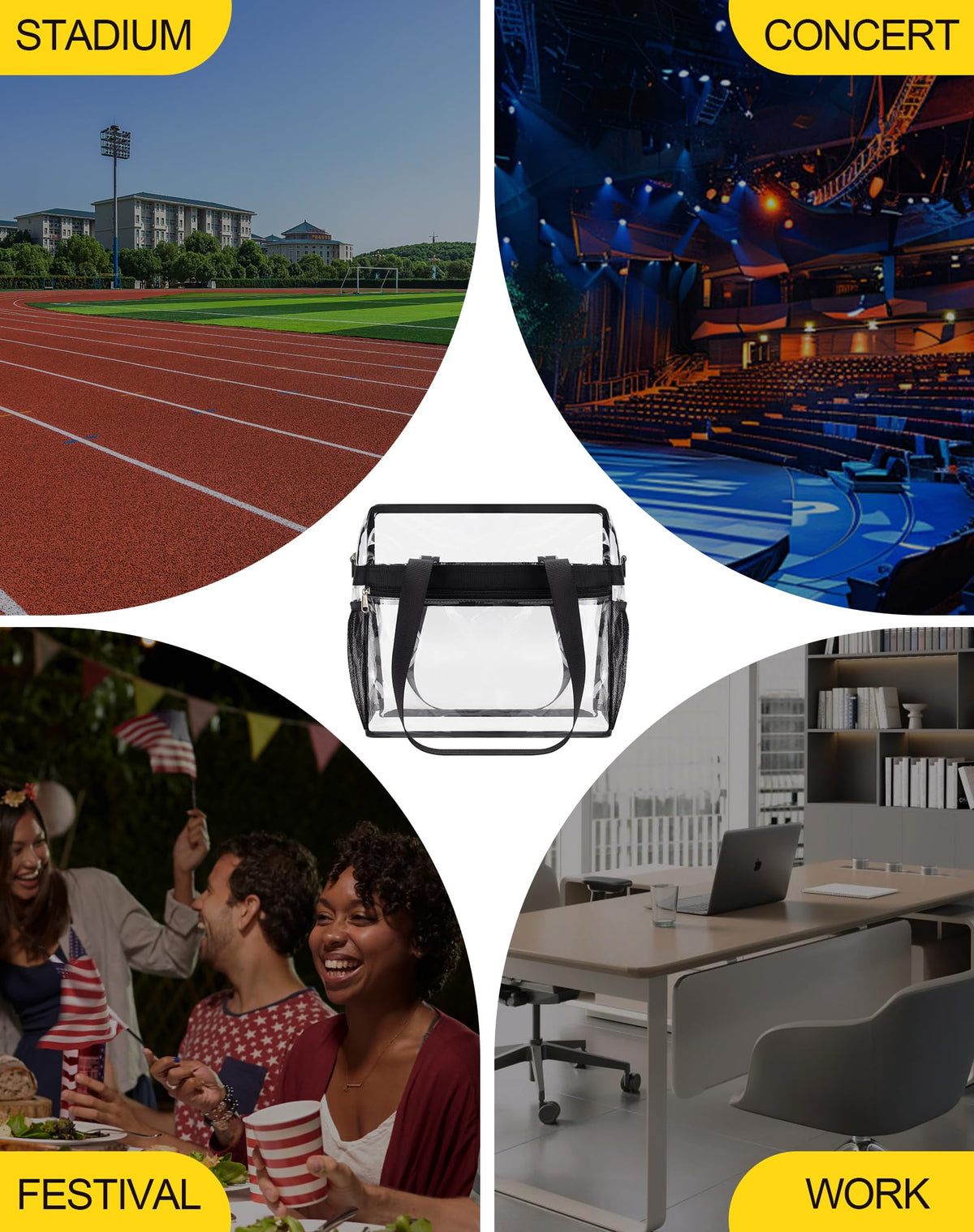Lyingflat Clear Bag for Stadium Events Founctional 12x6x12 Stadium Approved Clear Tote Bag with Adjustable & Detachable Strap Black