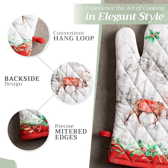 Maison d' Hermine Oven Gloves 100% Cotton Oven Mitt 7" x 13" with Loop Heat Resistant Cooking Gloves for Thanksgiving Christmas Decorations Baking Handling Hot Pans (Pack of 1, Christmas Tradition)