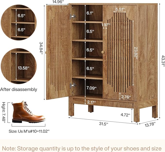 Tribesigns Shoe Cabinet with Doors, 5-Tier Shoe Storage Cabinet with Adjustable Shelves, 20 Pairs Wooden Shoe Rack Organizer, Narrow Shoe Cabinet for Entryway, Hallway, Closet, Rustic Brown, 2 Pcs