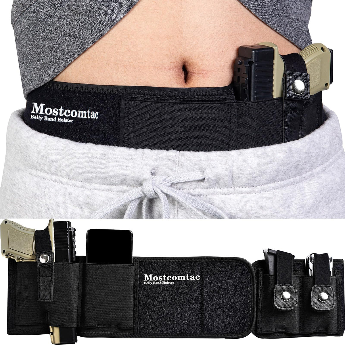 Mostcomtac Belly Band Holster for Men & Women - Breathable Neoprene Gun Holster, Multi - Pocket Tactical Belt for Outdoors, Fits G17-43x, Taurus G3C, G2C and Most 9mm and 381 Handguns（L-S）