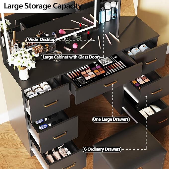 Vanity Desk with Large Mirror and Lights, Black Makeup Vanity with 7 Drawers, Adjustable Brightness Vanity Table with Glass Door Cabinet, Modern Vanity Set with Stool for Bedroom
