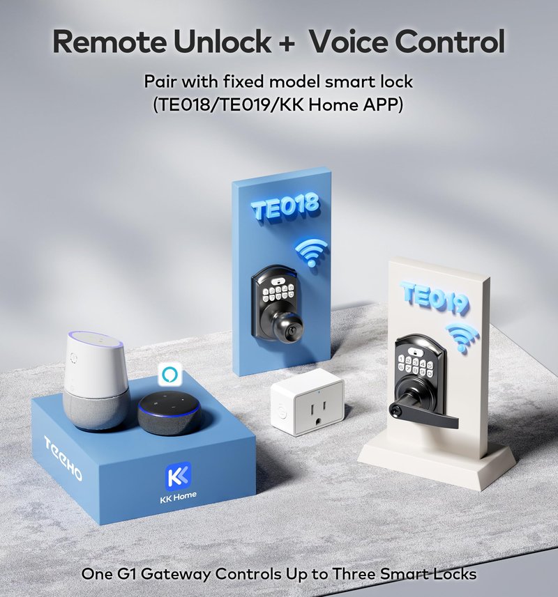 TEEHO G1 Gateway for Smart Door Lock with Smart Plug, WiFi Bridge for Remote Lock Control, App-Controlled Power Outlet, Smart Hub Compatible with KK Home APP and Alexa Voice Control