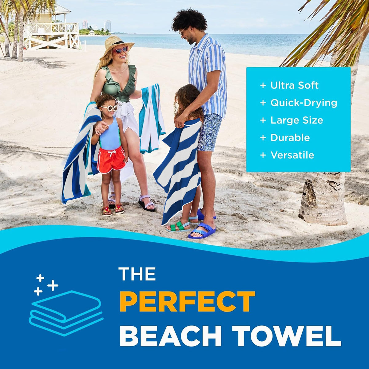 Kaufman - Large Beach Towel | 30" x 60" Terry Cabana Striped Beach Towels | Absorbent, Quick-Drying | 100% Cotton Thick Beach Towels (Blue/Turquoise, 2-Pack)