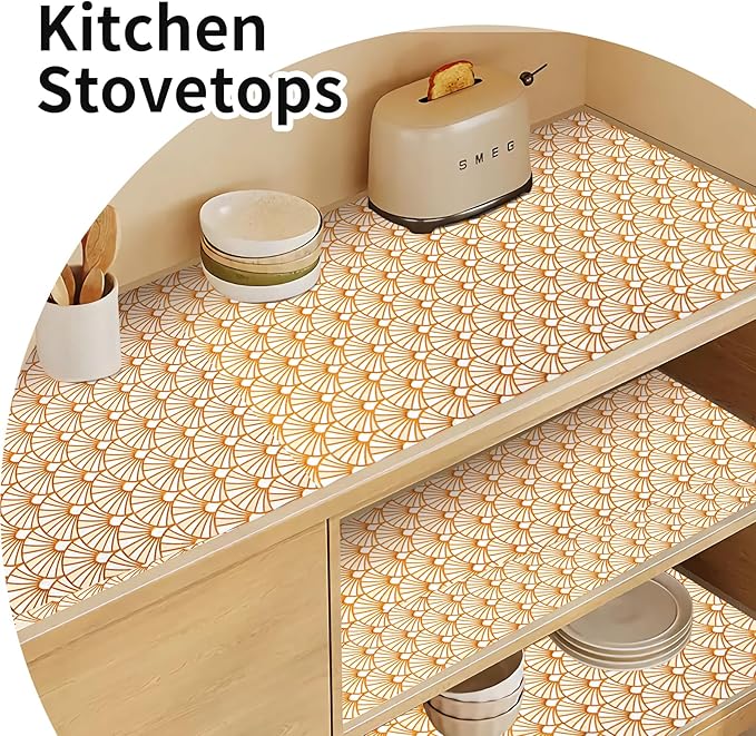 Drawer and Shelf Liner for Kitchen Cabinet: 17 in X 20 Ft Waterproof Shelf Paper Non Adhesive Refrigerator Liners Golden Ginkgo Leaf Easy Liners for Bathroom with Knife Tape Measure