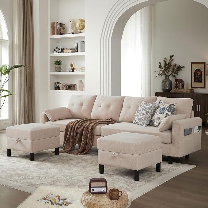 101" Convertible Sectional Sofa, Modern Linen Fabric U-Shaped Couch with 2 Storage Ottomans and Storage Pocket, 4 Seat Sofa Couches for Living Room, Apartment, Office, Beige