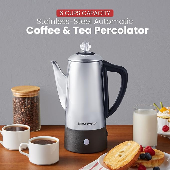 Elite Gourmet 6-Cup Electric Coffee Percolator, 1000W, Fast Brewing