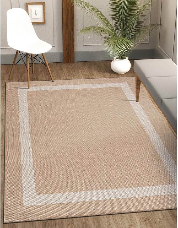 CAMILSON Outdoor Rug 10x14, Large Modern Outside Rugs for Patios Porches Waterproof Durable Washable Non-Shedding, Easy-to-Clean Indoor/Outdoor Area Carpet (10 x 14, Bordered - Beige/White)