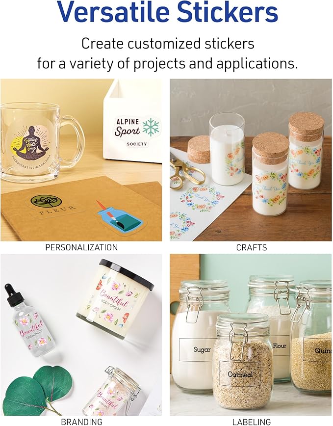 Avery Printable Sticker Paper, 8.5" x 11", Glossy Clear, Permanent Adhesive, Laser/Inkjet Compatible, 7 Full-Size Label Sheets, Great for Product Branding, Cute Stickers, Custom Signs, and More (4397)